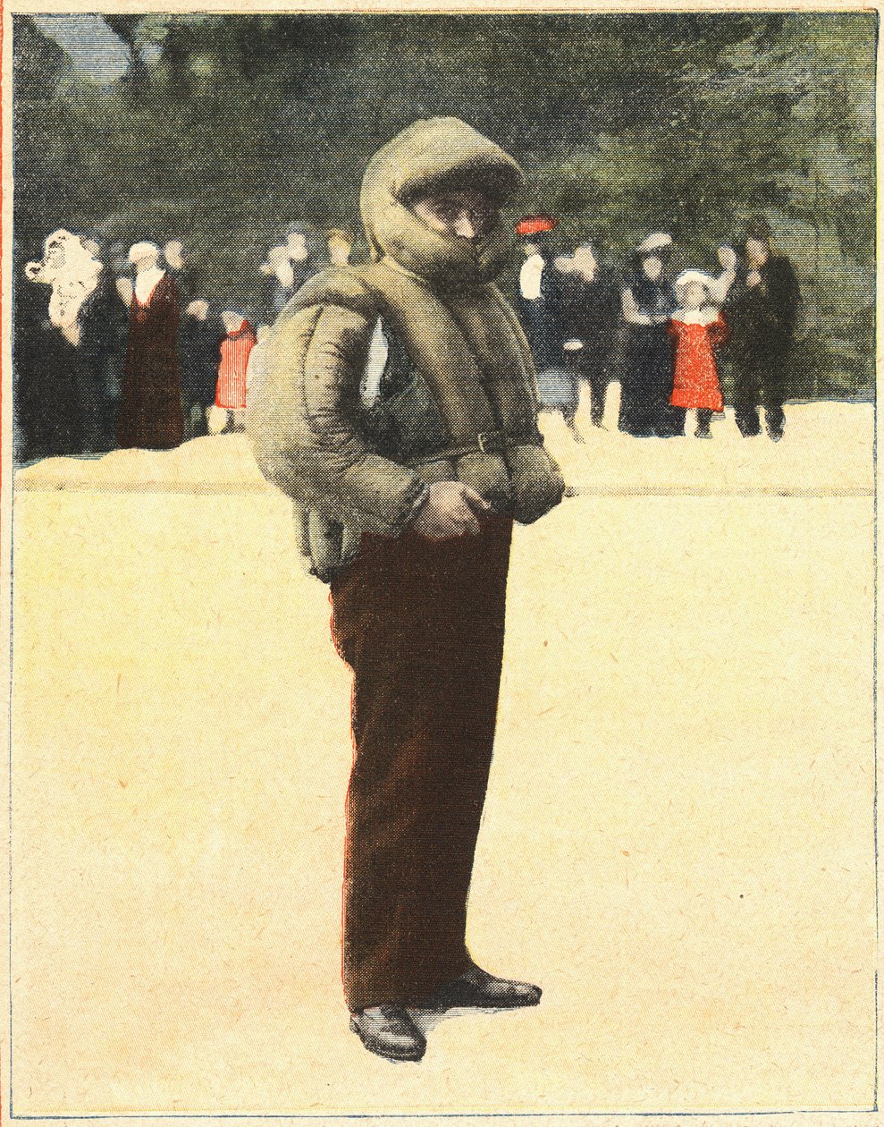 Havacılık: Havacıları düşmekten korumak için tasarlanmış hava giysisi. 16/10/1910 tarihli “Le petit parisien”deki gravür. Özel koleksiyon. by Anonymous Anonymous
