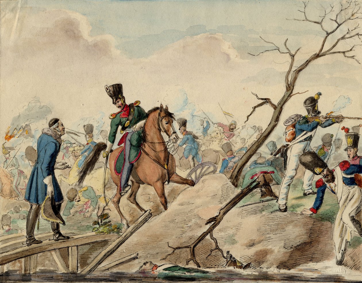Bataillle de Leipsig (bataille des Nations) - Leipzig Savaşı'ndan Bir Bölüm - Anonim - 1813 - Kağıt üzerine suluboya - 16,2x20,8 - Özel Koleksiyon by Anonymous Anonymous