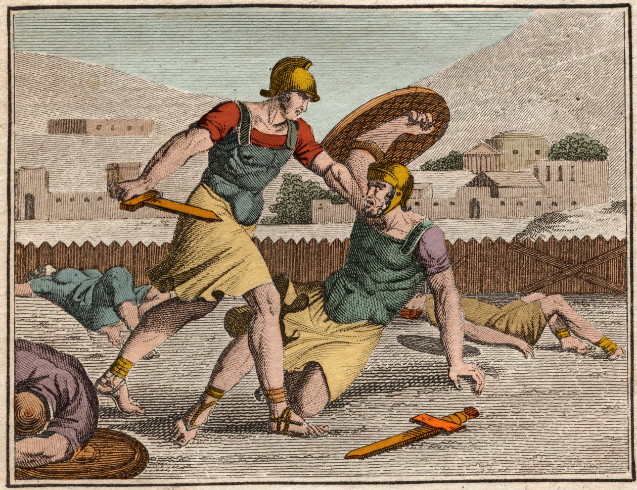 Horaces ve Curiaces Savaşı - Horatii ve Curiatii Arasındaki Savaş - “” The Rollin of Youth veya Seçilmiş Antik ve Roma Öyküleri Parçaları” ndan Gravür” 1816 - Özel koleksiyon by Anonymous Anonymous