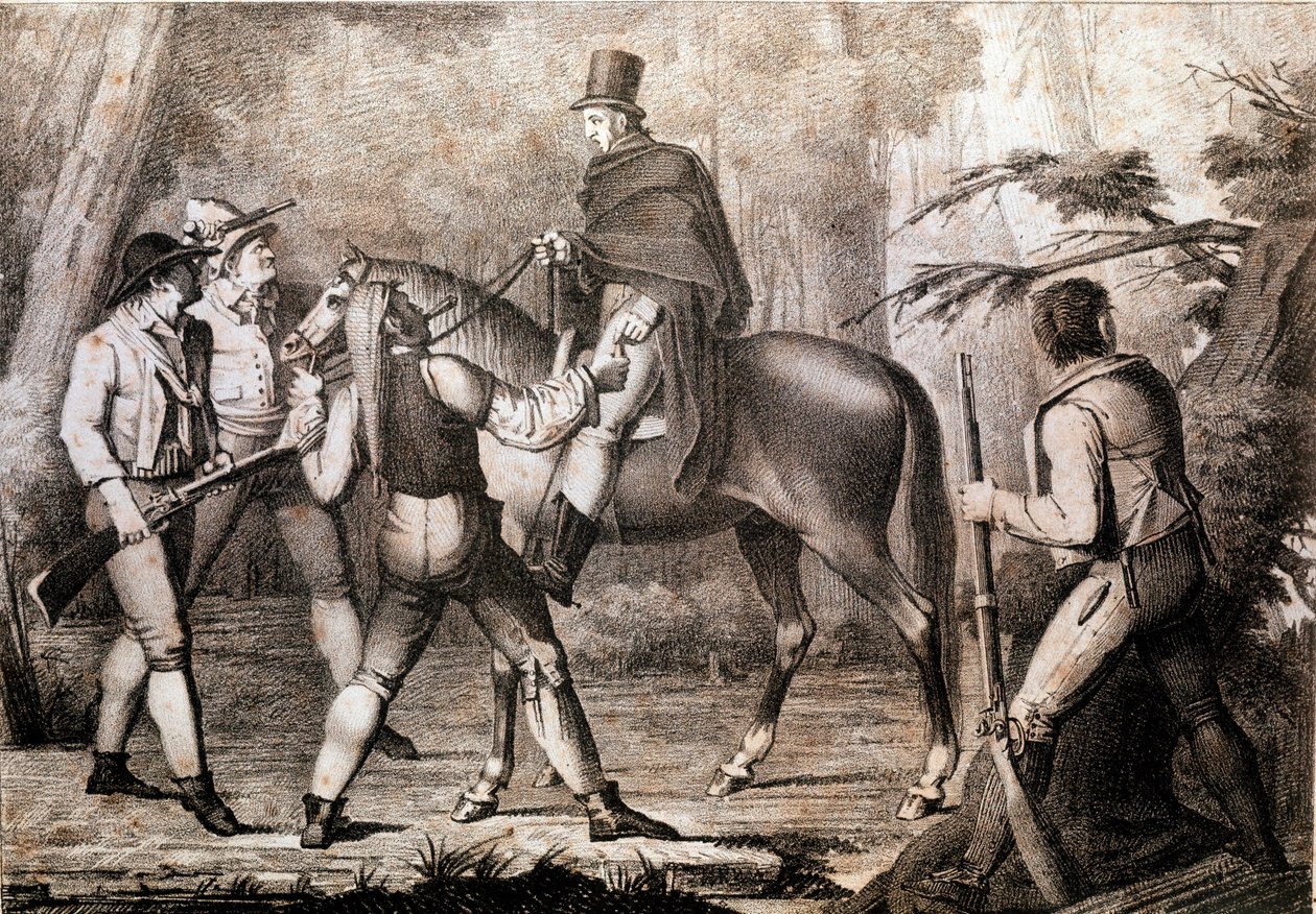 Bir atlı gezgine saldıran haydutlar 19. yüzyıl Yazdır Özel Koleksiyon by Anonymous Anonymous