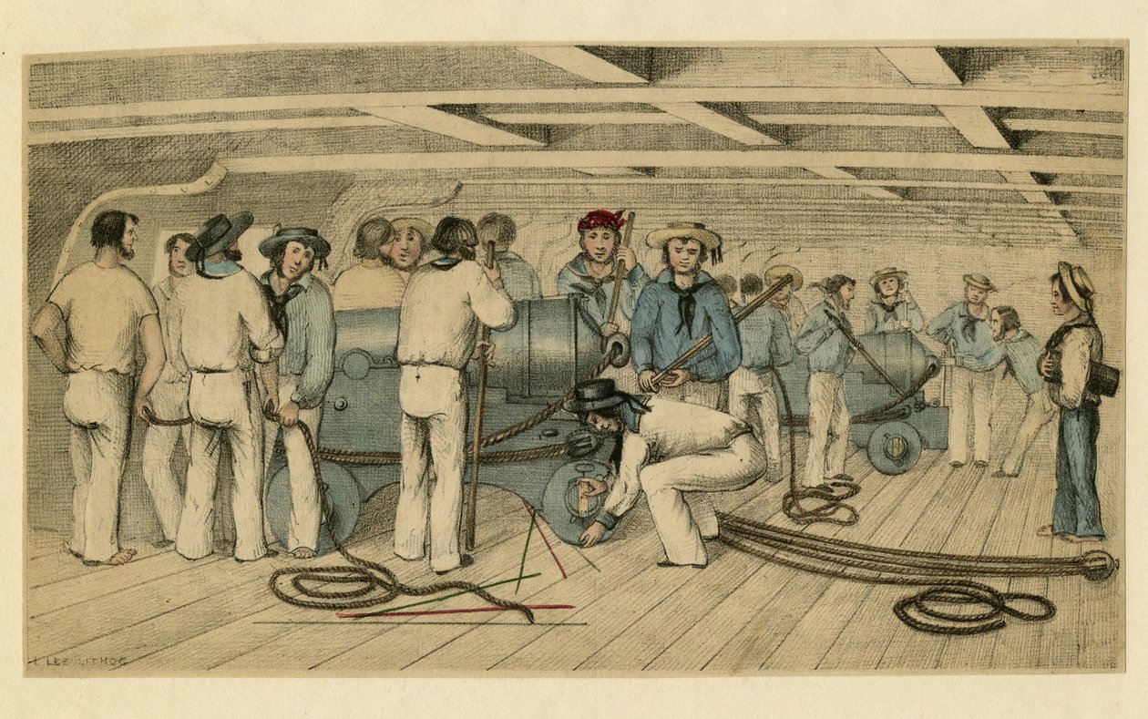 "" Güvertede İngiliz donanma topçuları "" (Silah güvertesinde İngiliz donanma topçuları) 1850 dolaylarında anonim litografi Dim 21,9 x 28,6 cm Özel Koleksiyon by Anonymous Anonymous