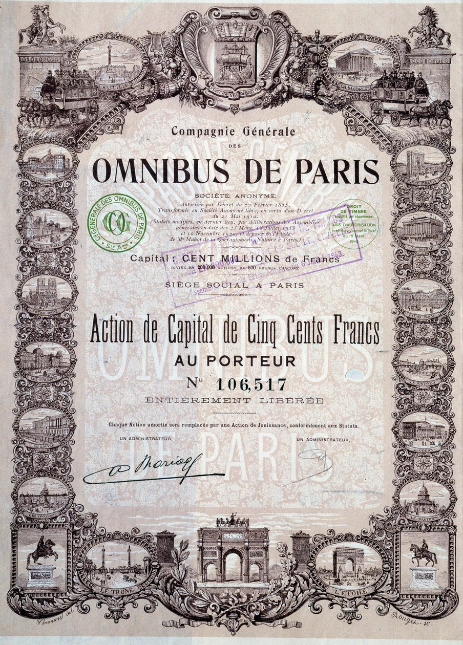 Paris otobüsünde 500 Franklık sermaye payı, 20. yüzyıl Coll. Paylaş by Anonymous Anonymous