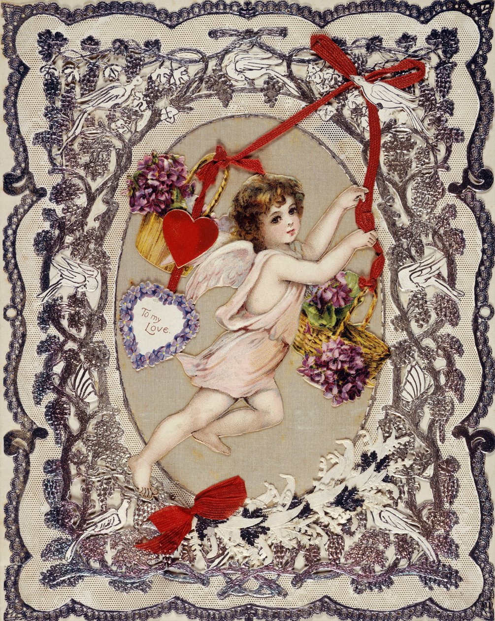 Sevgililer Günü kartı - Anonim eser, litografi, dekupaj, kağıt dantel ve kurdeleler, yaklaşık 1860-1870 - Sevgililer Günü Kartı, Gemide karışık teknik - Özel Koleksiyon by Anonymous Anonymous