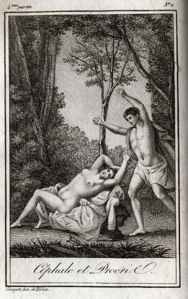 Cephale ve Procris (Cephalus) çifti aşıktır. Charles Albert Demoustier (1760-1801) tarafından "Lettres a Emilie sur la mitolojisinde" 1819
