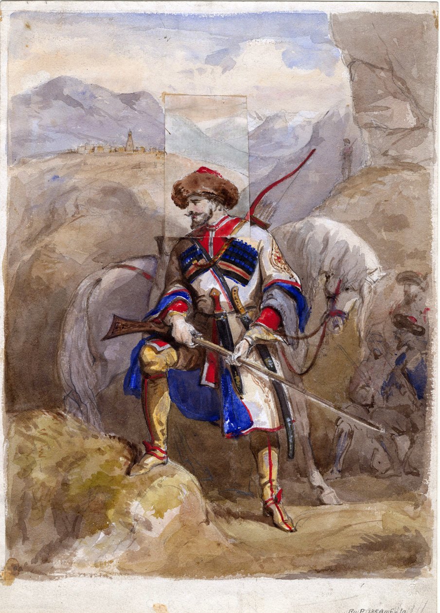Şamil ve İmam Şamil - İmam Şamil (1797-1871) - Anonim - 1854 - Kağıt üzerine suluboya - 32x23 - Özel Koleksiyon by Anonymous Anonymous