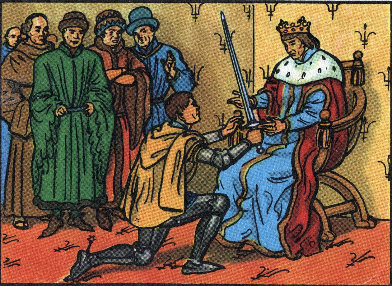 Charles V Bilge (1338-1380) polis memurunun kılıcını ciddiyetle Bertrand du Guesclin