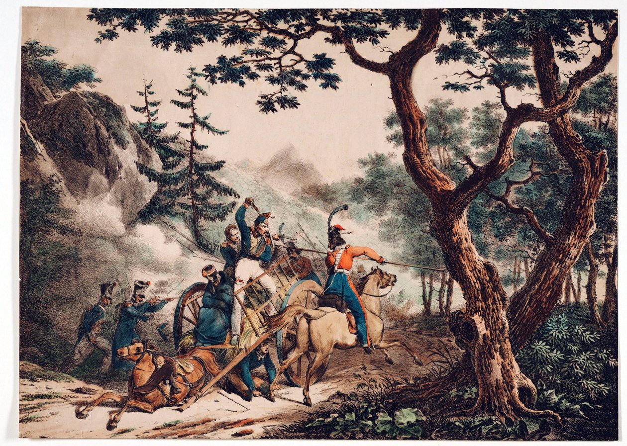 Ormanda Fransız askerlerine saldıran Kazaklar - Anonim - 1825 - Renkli litografi - 52x72 - Özel Koleksiyon by Anonymous Anonymous