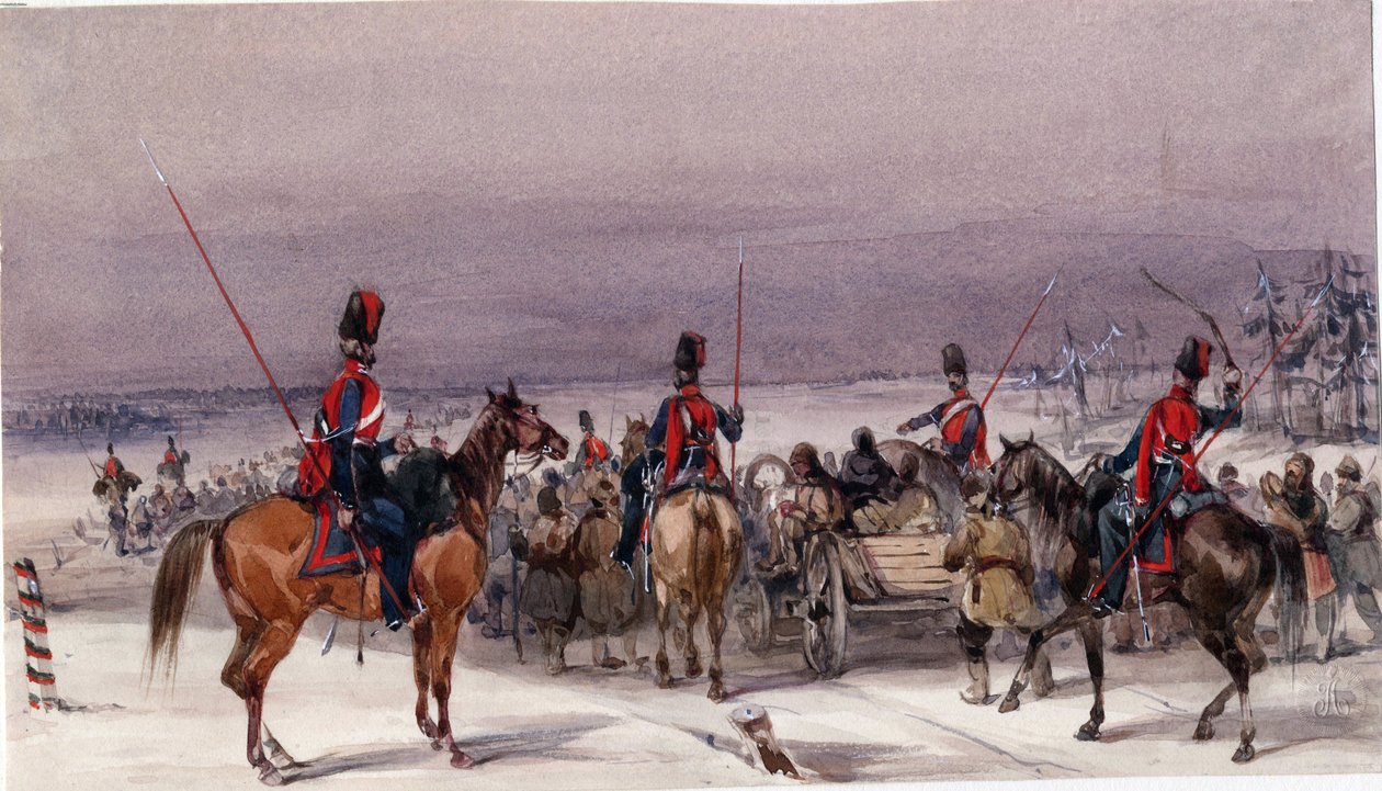 Sürgün edilenleri taşıyan Kazaklar - Anonim - 1831 - Kağıt üzerine suluboya - 13,9x24,3 - Özel Koleksiyon by Anonymous Anonymous