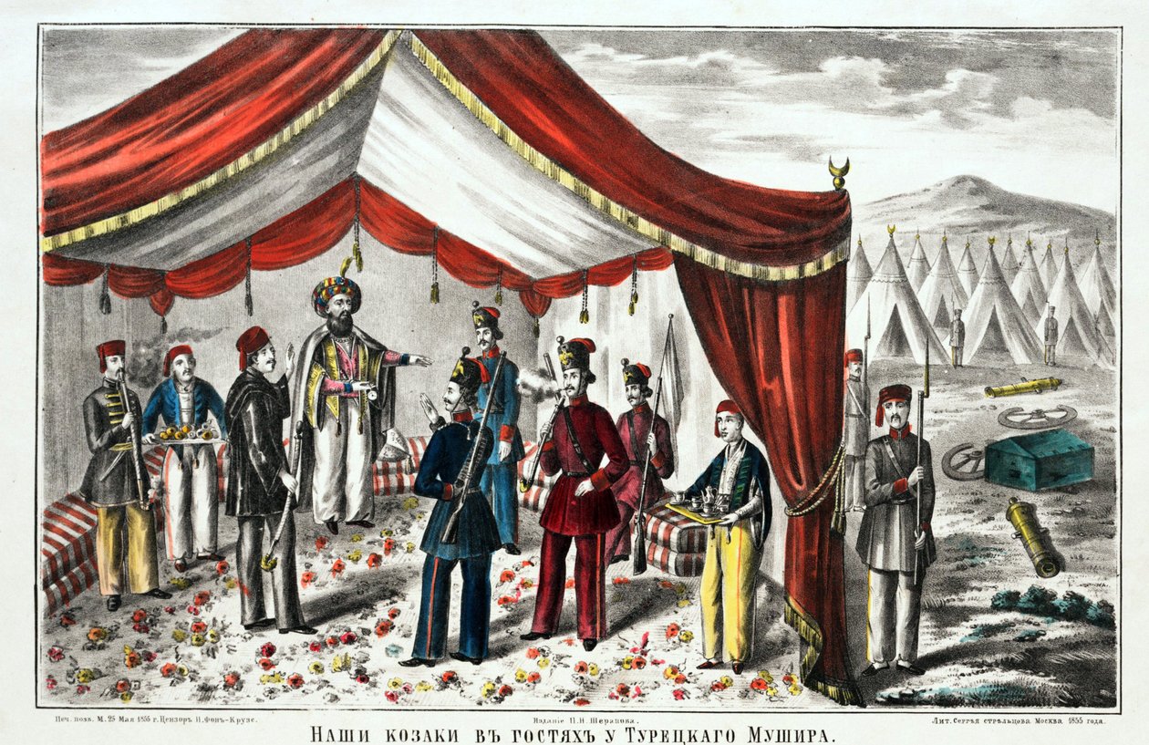 Kürekdere Muharebesi sonrası Türk Müşirini ziyaret eden Kazaklar - Anonim - 1855 - Taşbaskı, suluboya - 55,7x68 - Özel Koleksiyon by Anonymous Anonymous