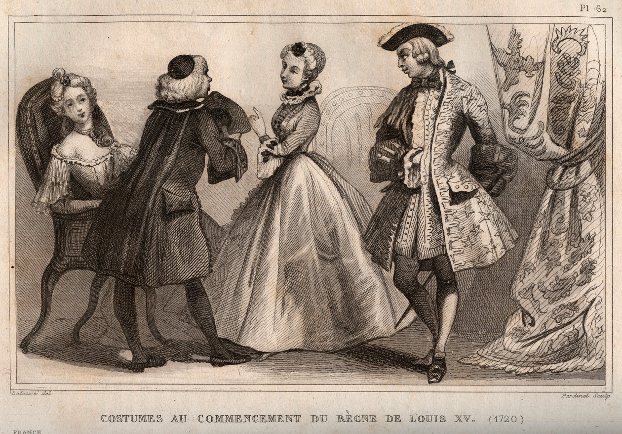 Louis XV (1720) saltanatının başlangıcındaki kostümler. "" Le Monde'da 1859'dan kalma gravür. En uzak zamanlardan günümüze tüm halkların tarihi”. ME de Lostalot-Bachoue (Lostalot Bachoue) tarafından. Özel koleksiyon. by Anonymous Anonymous