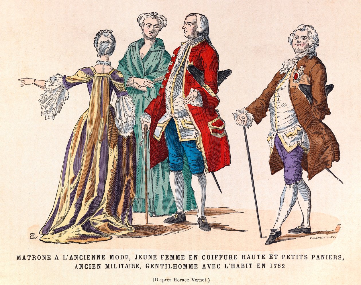 Eski moda bir matron, yüksek saç stili ve küçük sepetler içinde genç bir kadın, eski bir askeri adam ve 1762