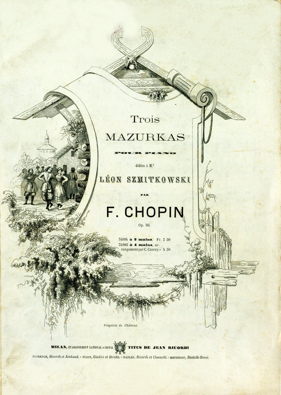 Frederic Chopin (1810-1849) tarafından bestelenen Leon Szmitkowski'ye adanmış “Piyano için üç mazurka, Opus 50”nin kapağı. by Anonymous Anonymous