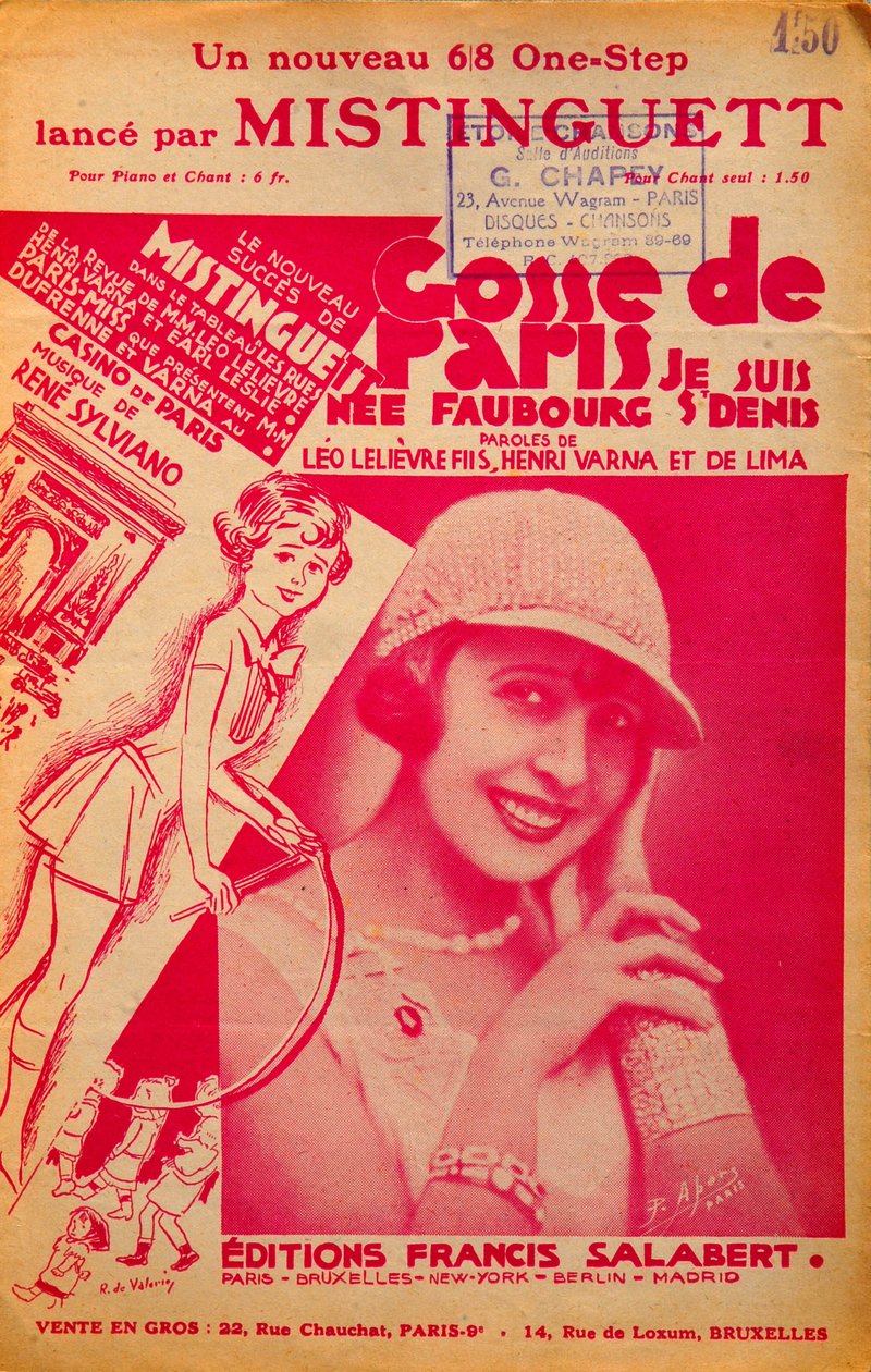 Fransız şarkıcı Mistinguett (Mistinguette) (1875 - 1956) tarafından söylenen “Gosse de Paris” müziğinin kapağı by Anonymous Anonymous