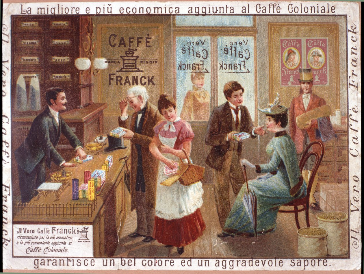 Kahve satan bir bakkaldaki müşteriler. “Caffe Franck” için reklam. Kromolitografi, 1900 dolaylarında. by Anonymous Anonymous