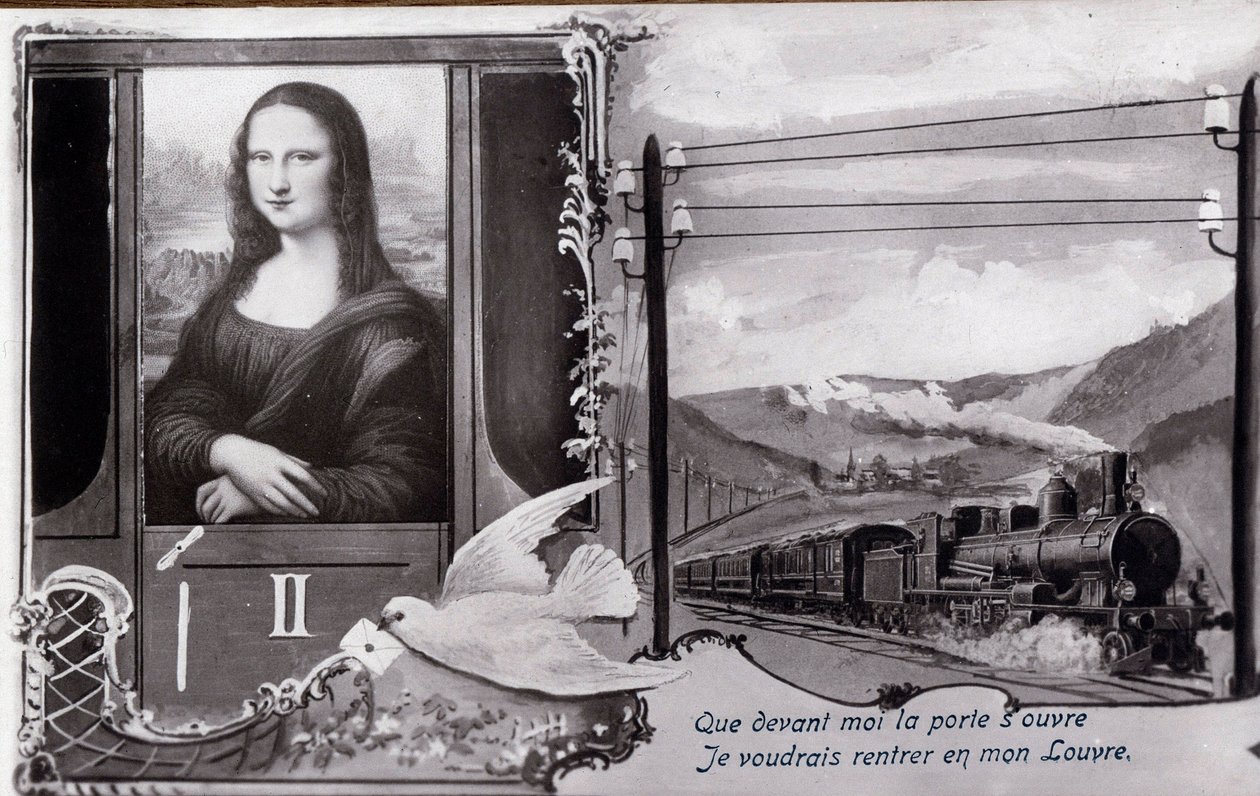 Detournee representation of “” The Mona Lisa”” (Mona Lisa, Monna Lisa) by Leonard de Vinci (Leonardo da Vinci) (1452-1519):”” The painting is represented on a train, wishing to find its museum. Comedy postcard edited at the time of the theft of the work by by Anonymous Anonymous
