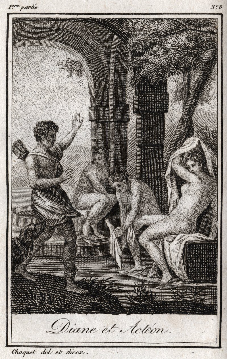 Diane ve Acteon (Diana ve Actaeon) Diane, avcı Acteon tarafından banyoda şaşırttı. Charles Albert Demoustier (1760-1801) tarafından "Lettres a Emilie sur la mitolojisinde" 1819
