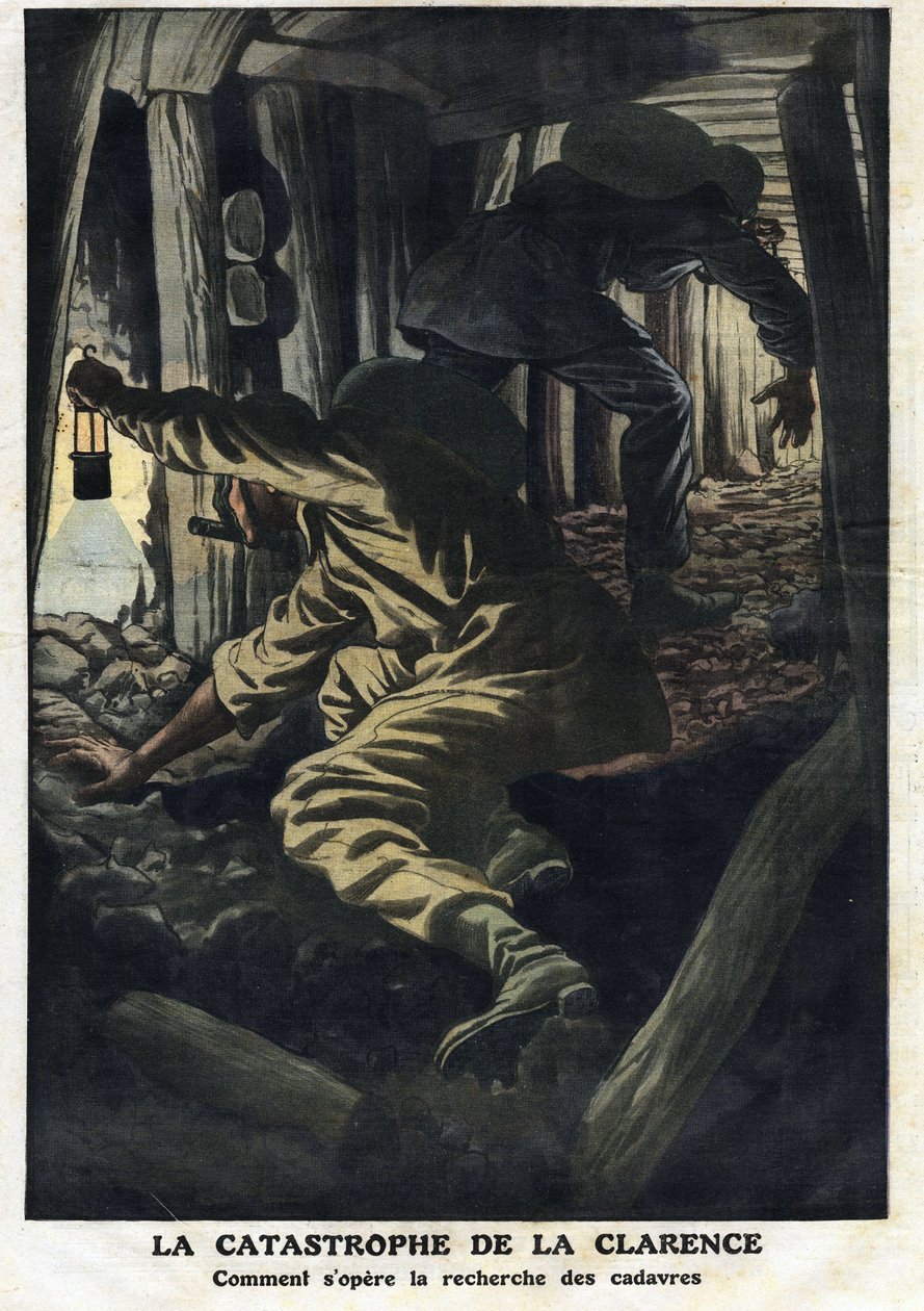Clarence madeninin felaketi (Nord pas de calais): kurtarma çalışmaları, ateş patlaması kurbanlarının cesetlerini kurtarmaya çalışıyor. Resim “” Le Petite Journal”” 22/09/1912 Özel koleksiyondan alınmıştır. by Anonymous Anonymous