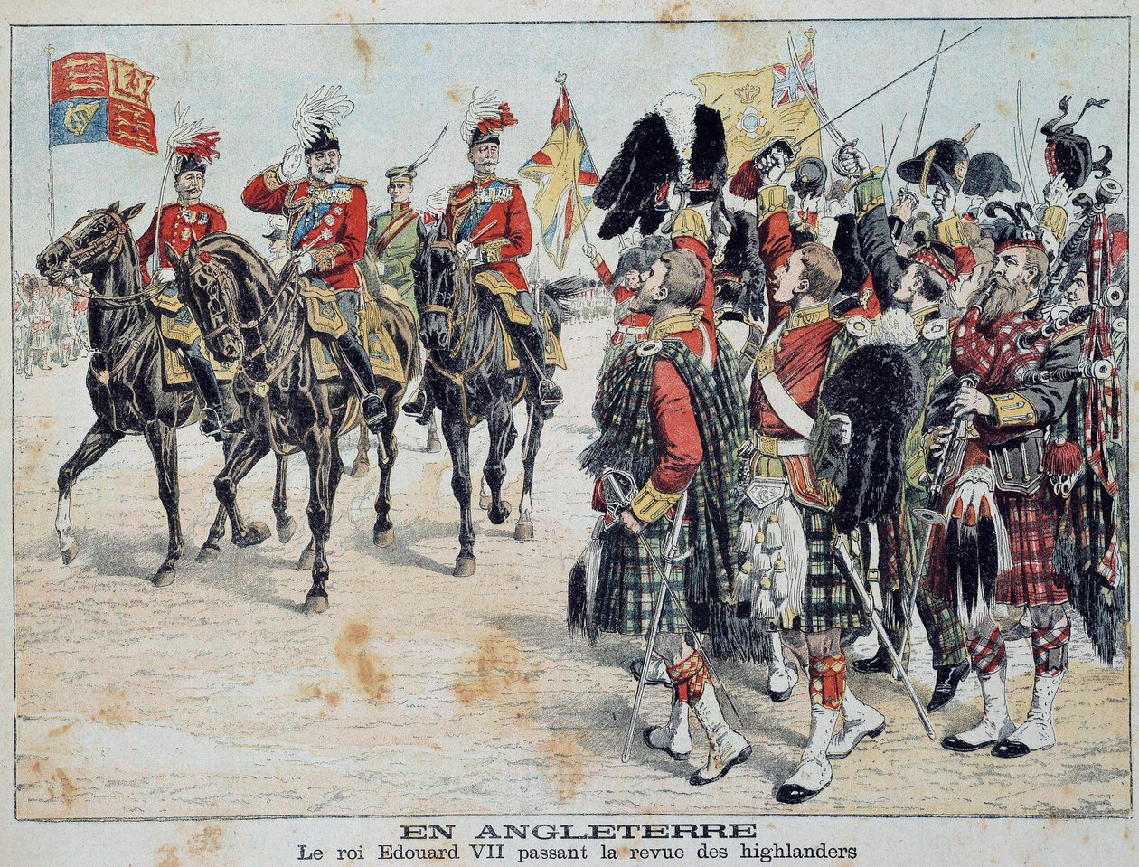 Edward VII (1841-1910) İngiltere Kralı “Little Diary” 1905 Özel koleksiyonunun ünlü ekinden İskoç Highlanders İllüstrasyonunu inceliyor by Anonymous Anonymous