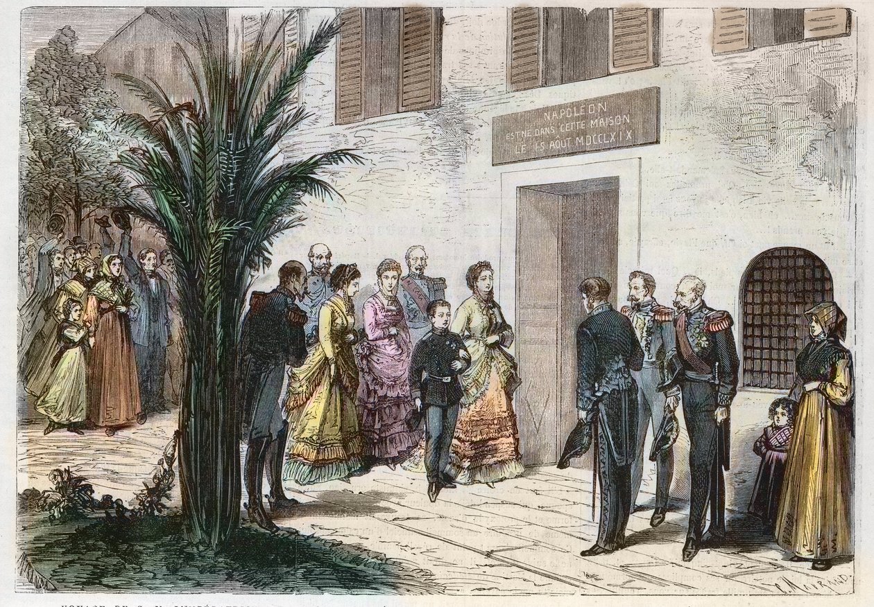 İmparatoriçe Eugenia ve Prens emperyal Louis Napoleon, Napolyon'un doğduğu evi ziyaret ediyor, Ajaccio, Korsika, Fransa 1869 - İmparatorluk ve İmparatorluk Prensi'nin yolculuğu - Napolyon I'in Ajaccio'ya olan evini ziyaret - 1869 by Anonymous Anonymous