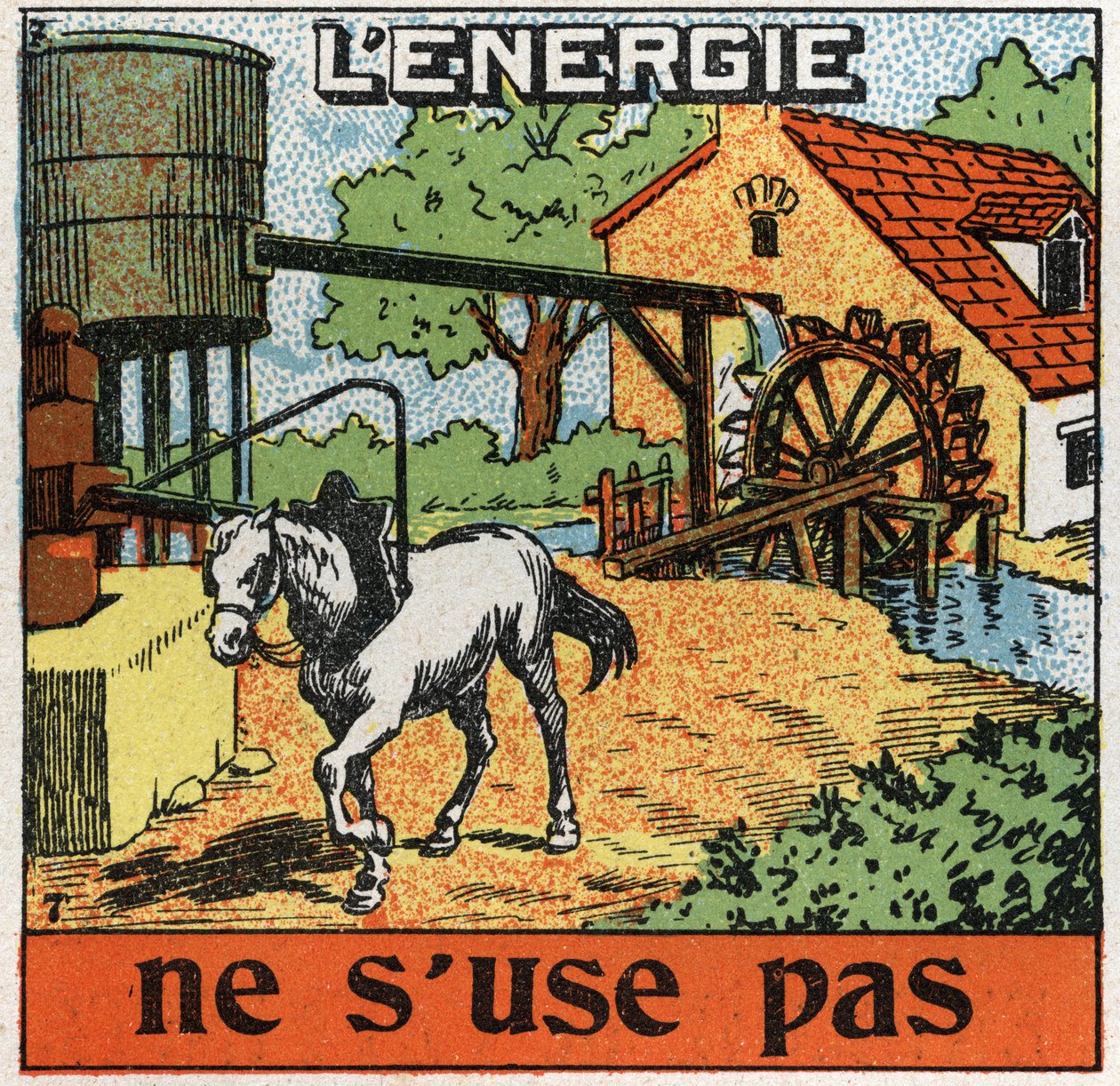 Enerji tükenmez: at bir manege bağlanır ve bir rezervuardaki suyu duyar. 1925