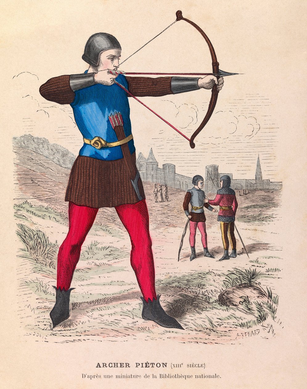 Gravür - Archer pieton du 13eme Siecle a Paris - 13. yüzyılda Paris