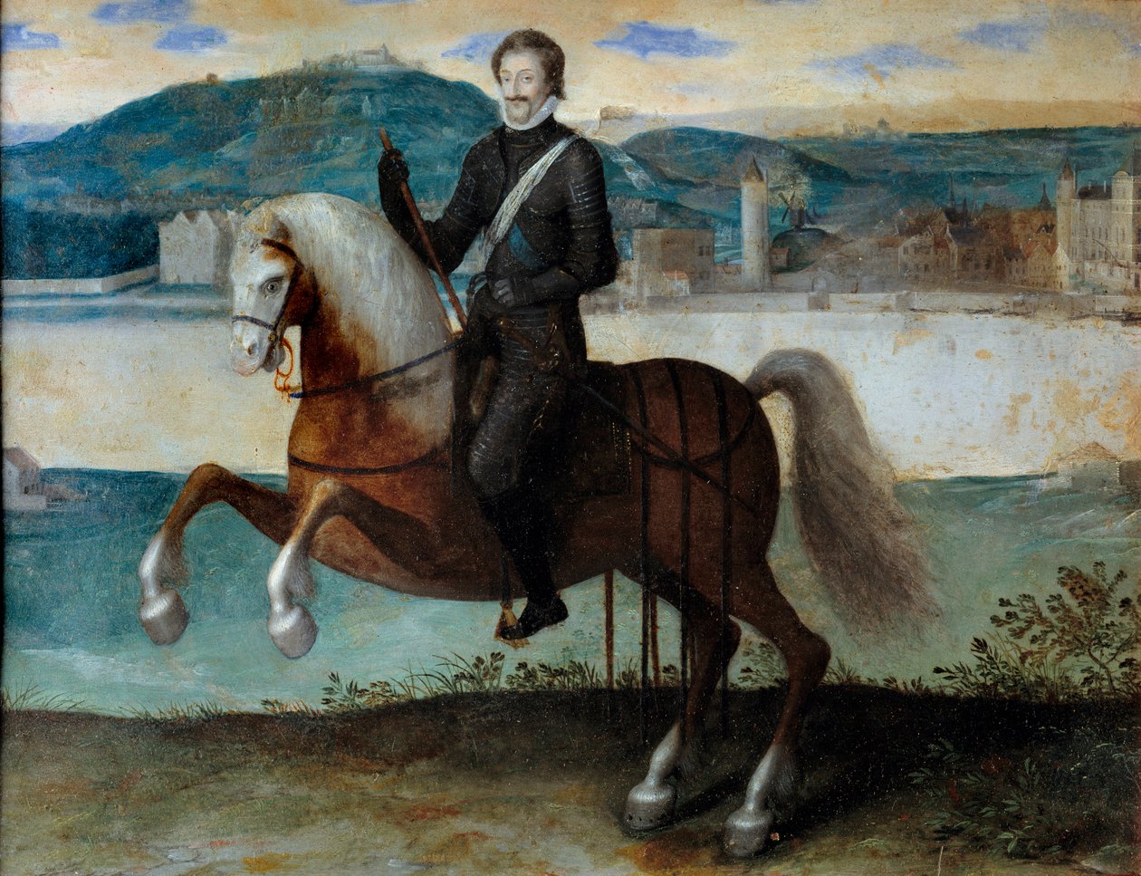 Henri IV'ün (1553-1610) Paris'in (1594) önünde atlı portresi. Anonim resim. hs/bakır. Karartma: 0,25 x 0,31m. Paris, Musee Karnavalı by Anonymous Anonymous