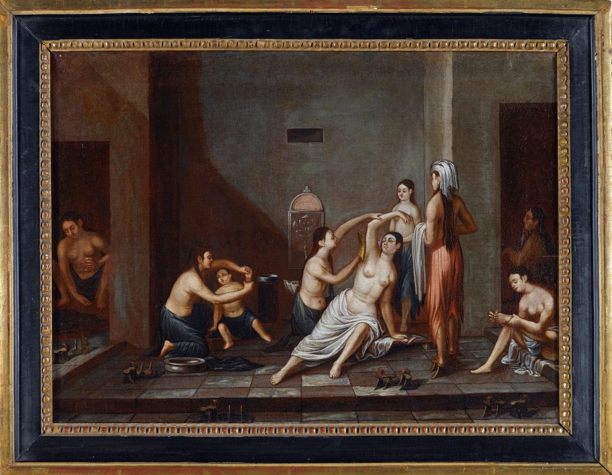""Hamamda birbirlerini yıkayan kadınlar"" (Hamamdaki Hanımlar) Anonim tablo 1741 - Tuval üzerine yağlıboya, 39x53 - Özel Koleksiyon by Anonymous Anonymous