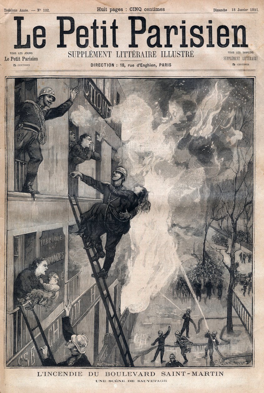 Paris İtfaiyecisi: Boulevard Saint-Martin yangını sırasında kurtarma sahnesi. 1891