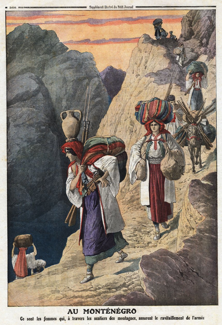 Birinci Balkan (Balkan) Savaşı: Karadağlı kadınlar silah teminini sağlamak için dağları yürüyerek geçerler. Resim “” Le Petite Journal”” 17/11/1912 Özel koleksiyondan alınmıştır. by Anonymous Anonymous