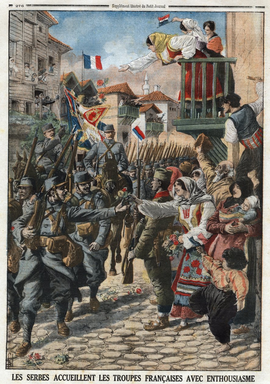 Birinci Dünya Savaşı 1914-1918 (14-18): Sırplar Fransız birliklerini coşkuyla karşıladılar. Gravür, 24/10/1915 tarihli “Le Petité Journal””. Özel koleksiyon. by Anonymous Anonymous