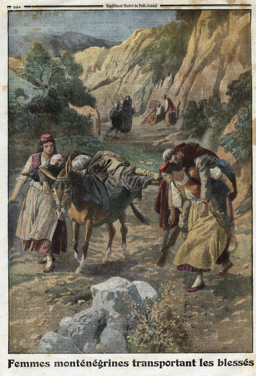 Birinci Dünya Savaşı 1914-1918 (14-18): Savaşta yaralı erkekleri kefal sırtında veya kendi omuzlarında taşıyan Karadağlı kadınlar. Gravür, 5/12/1915 tarihli “” Le Petite Journal””. Özel koleksiyon. by Anonymous Anonymous