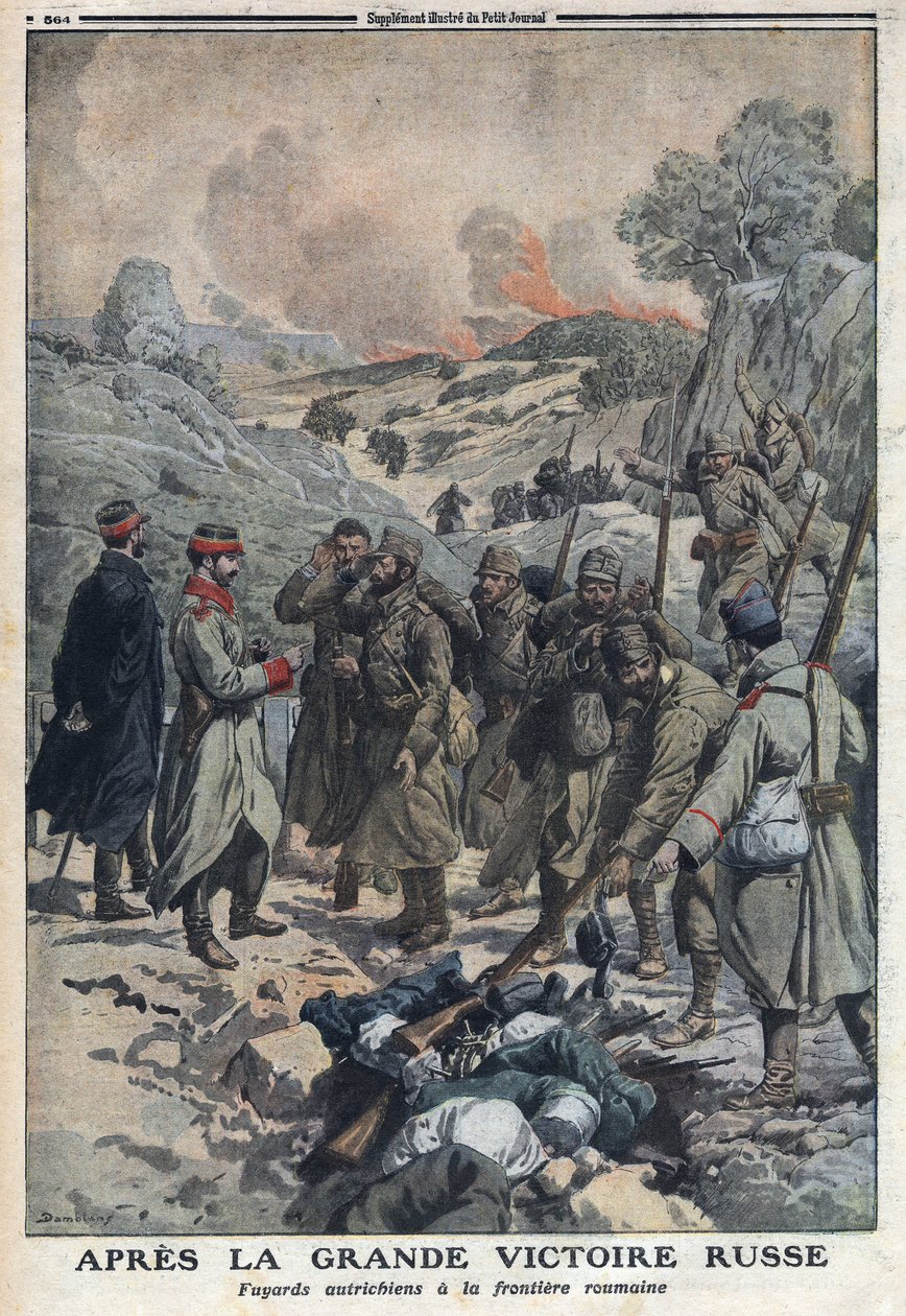 Birinci Dünya Savaşı 1914-1918 (Savaş 14-18). Rusların büyük zaferinden sonra Avusturya ordusundan kaçan askerler silahlarını Romanya sınırına attı. 2/07/1916 tarihli “Le Petite Journal”da. Özel koleksiyon by Anonymous Anonymous