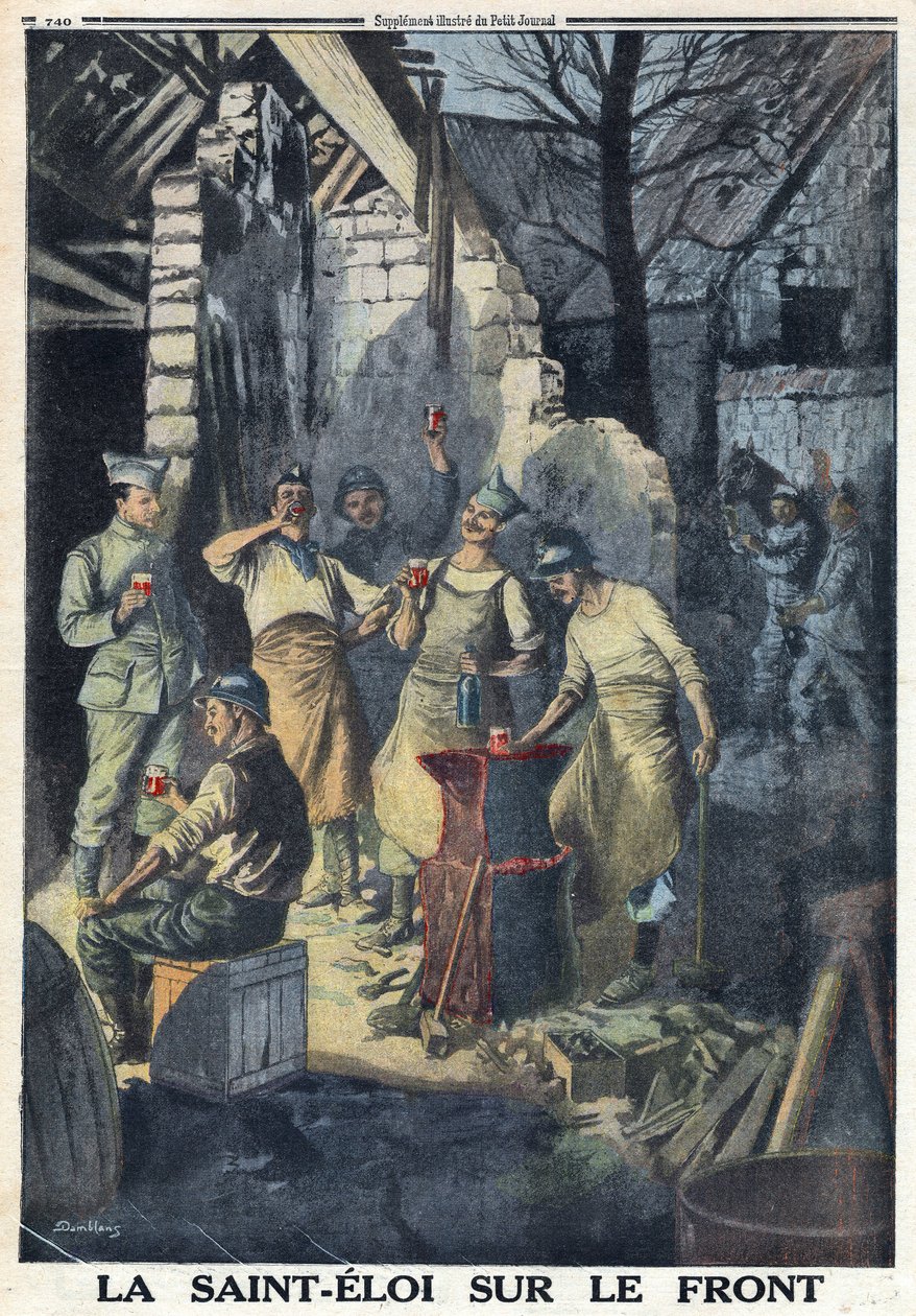 Birinci Dünya Savaşı 1914-1918 (14-18 Savaşı). Cephedeki askerlerin Saint Eloi (Saint-Eloi) kutlaması. Hepsi parti için bir kadeh kırmızı şarap içerler. “” Le Petite Journal”da, 3/12/1916. Özel koleksiyon by Anonymous Anonymous