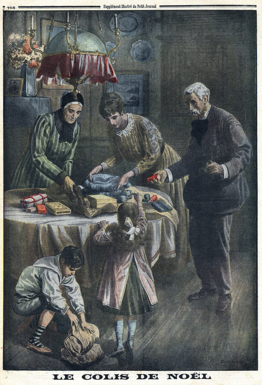 Birinci Dünya Savaşı 1914-1918 (Savaş 14-18). Noel Hediyesi: Çocuklar, Noel arifesinde savaş alanında babalarından aldıkları paketleri alır ve açar. 24/12/1916 tarihli “Le Petite Journal”da. Özel koleksiyon by Anonymous Anonymous