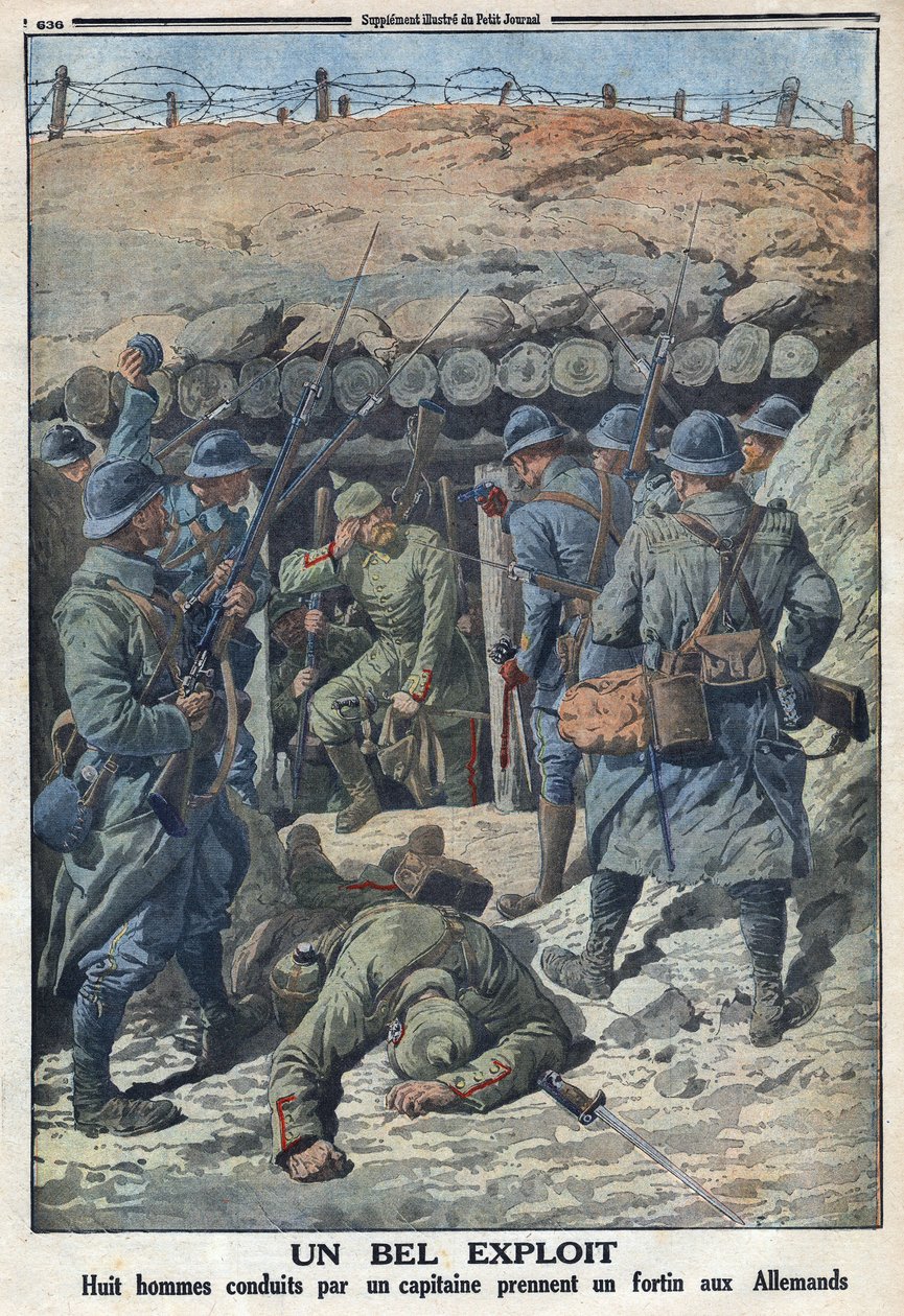 Birinci Dünya Savaşı 1914-1918 (Savaş 14-18). Bir kaptan tarafından yönetilen Fransız ordusunun sekiz askeri, Almanlardan bir kale aldı. “” Le Petité Journal”da, 3/09/1916. Özel koleksiyon by Anonymous Anonymous