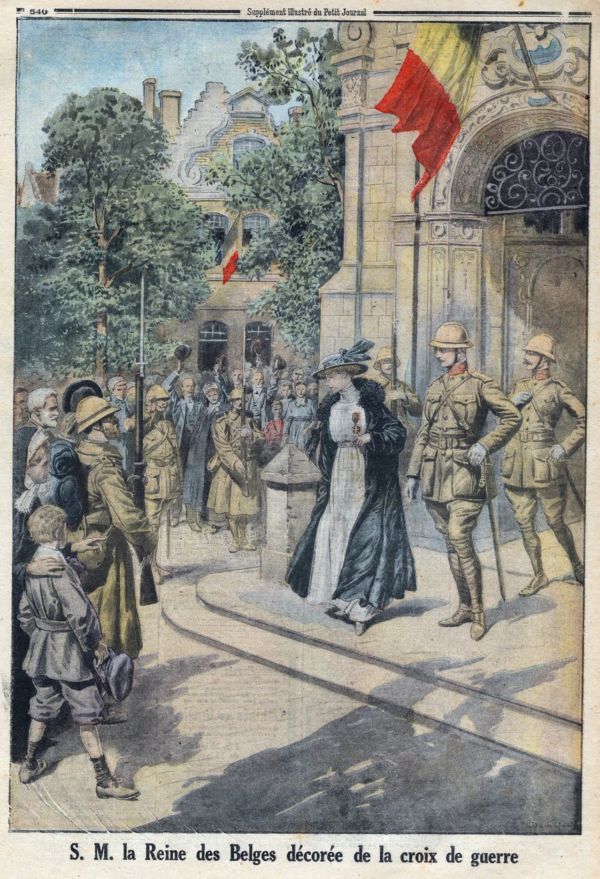 Birinci Dünya Savaşı 1914-1918 (14-18 Savaşı). Majesteleri Belçika Kraliçesi Elisabeth de Baviere (1876-1965) savaş haçı ile ödüllendirildi. "Le Petite Journal"da by Anonymous Anonymous