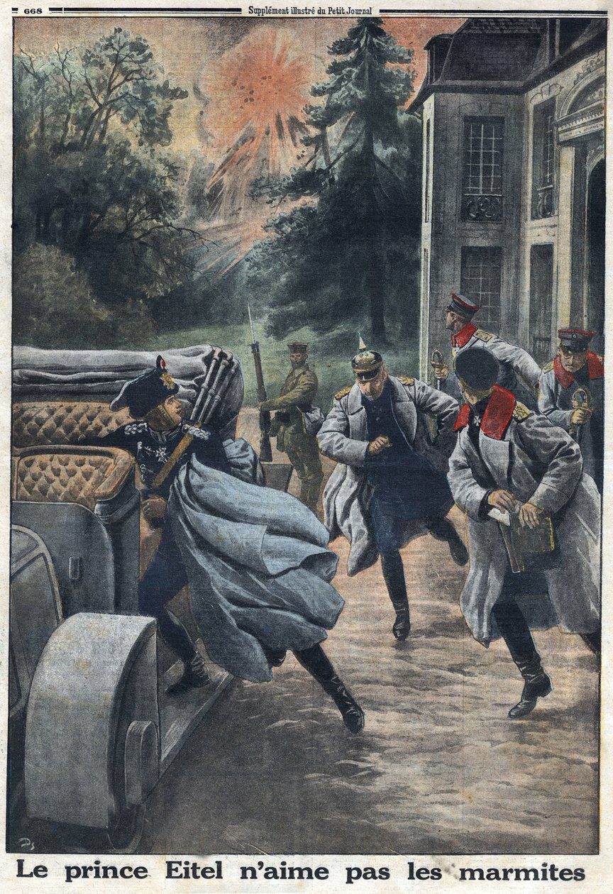 Birinci Dünya Savaşı 1914-1918 (14-18 Savaşı). Prusya Prensi Eitel Frederic (1883-1942), İngiliz ordusunun Coulommiers kasabasına yaklaşması üzerine kaçtı. “” Le Petite Journal”da, 1/10/1916. Özel koleksiyon by Anonymous Anonymous