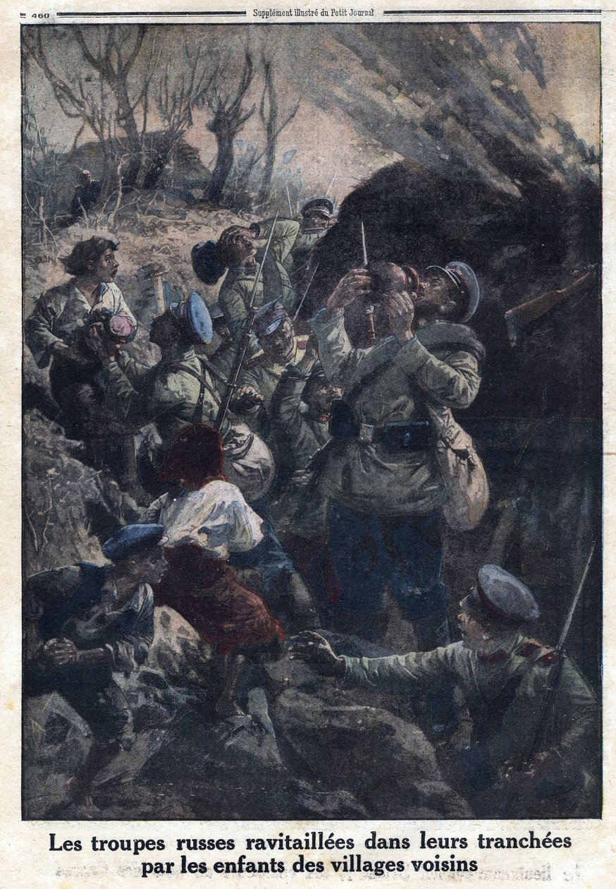 Birinci Dünya Savaşı 1914-1918 (Savaş 14-18). Rus askeri birlikleri, komşu köylerden gelen çocuklar tarafından siperlerinde yakıt ikmali yaptı. 02/04/1916 tarihli “Le Petite Journal”da. Özel koleksiyon by Anonymous Anonymous