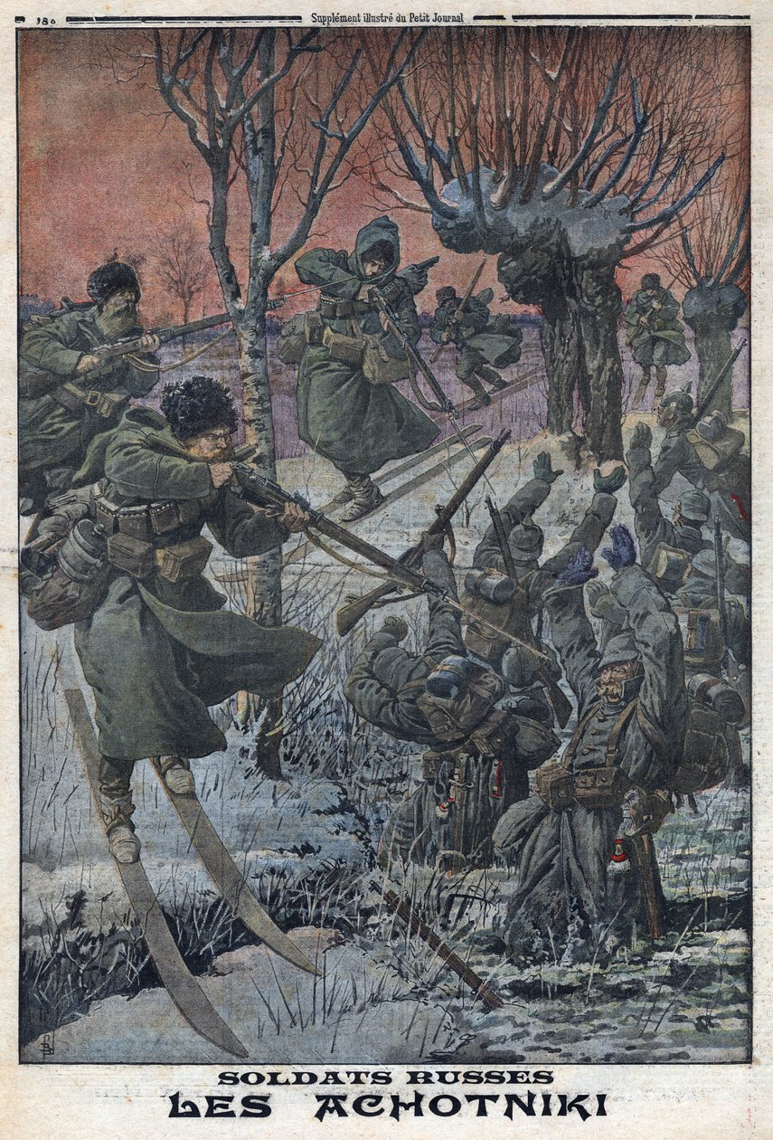 Birinci Dünya Savaşı 1914-1918 (14-18 Savaşı). Rus askerleri Ahotniki kayaklar üzerinde Alman askerlerini vuruyor. 23/01/1916 tarihli “Le Petite Journal”da. Özel koleksiyon by Anonymous Anonymous