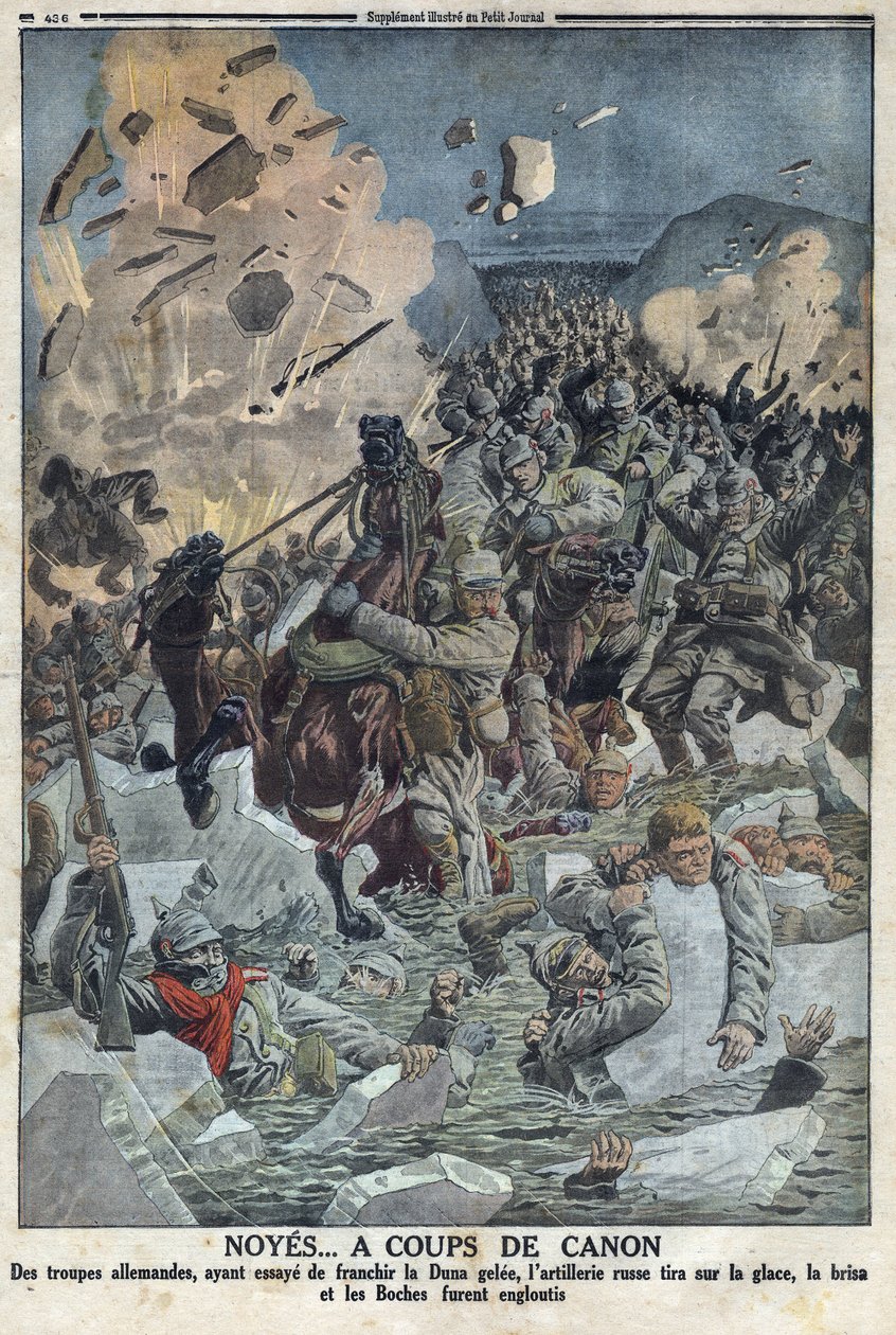 Birinci Dünya Savaşı 1914-1918 (14-18 Savaşı). Alman ordusu Duna gele nehrini geçmeye çalışıyor, ancak Rus topçusu buza silahla ateş etti ve Alman ordusunu (metinde Boche lakaplı) boğdu. by Anonymous Anonymous