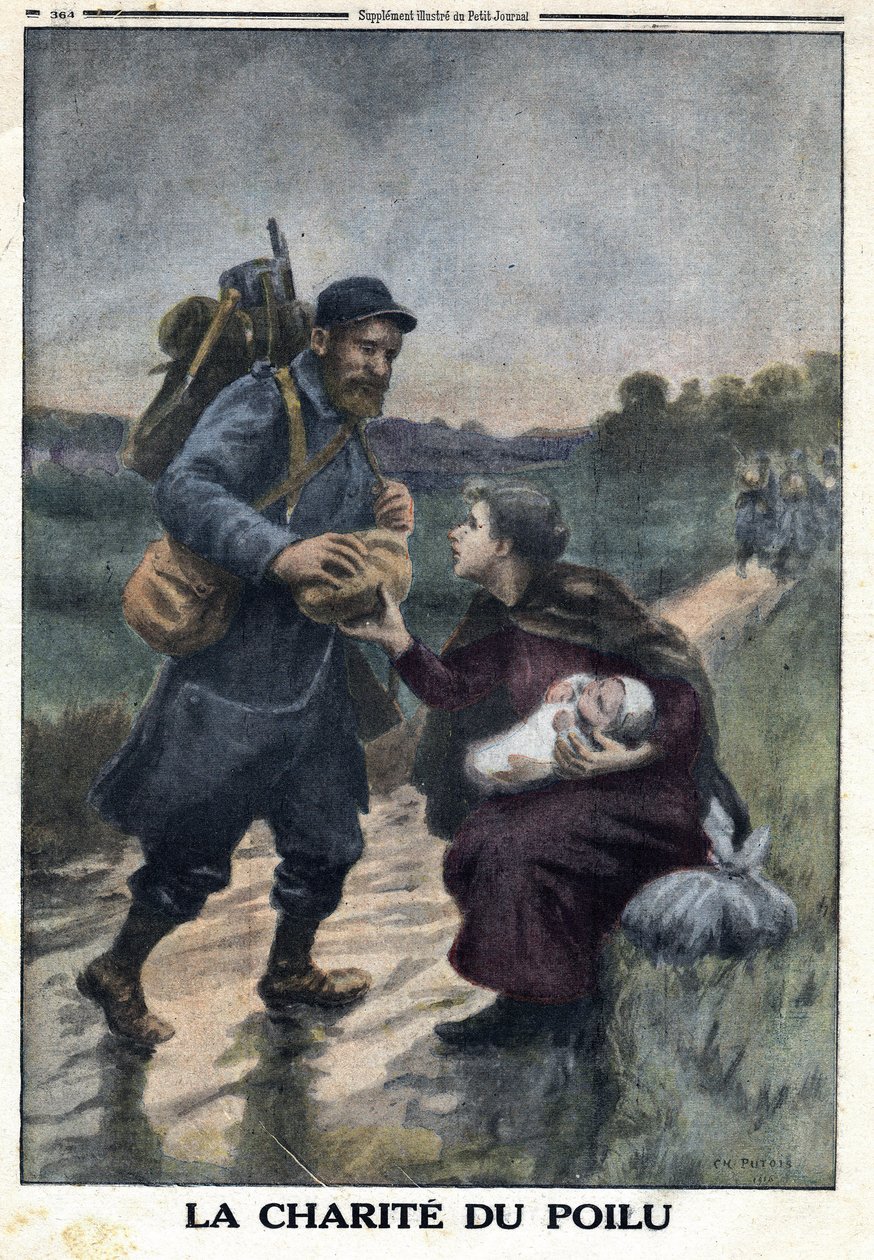 Birinci Dünya Savaşı 1914-1918 (Savaş 14-18). Kıllının karizması: Yolda duran bir Fransız askeri, bebeğiyle yalnız bir kadına ekmek sunmak için durur. “” Le Petite Journal””da, 9/01/1916. Özel koleksiyon by Anonymous Anonymous