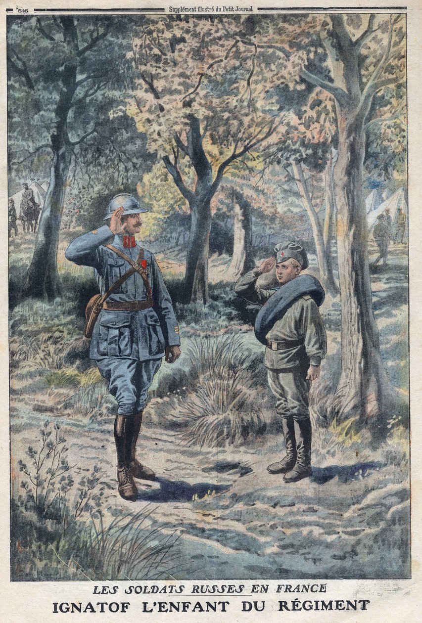 Birinci Dünya Savaşı 1914-1918 (14-18 Savaşı). Bir Fransız ordusu alayında genç Rus askeri Ignatof. 21/05/1916 tarihli “Le Petité Journal”da. Özel koleksiyon by Anonymous Anonymous