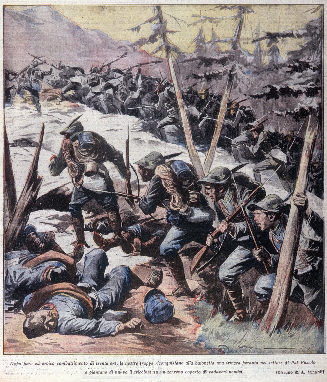 Birinci Dünya Savaşı: “” İtalyan alp avcıları (alpino veya alpini) düşmanlardan Pal Piccolo, İtalyan alplerini geri alıyor”” 1916 “La domenica del corriere”den çizim” by Anonymous Anonymous