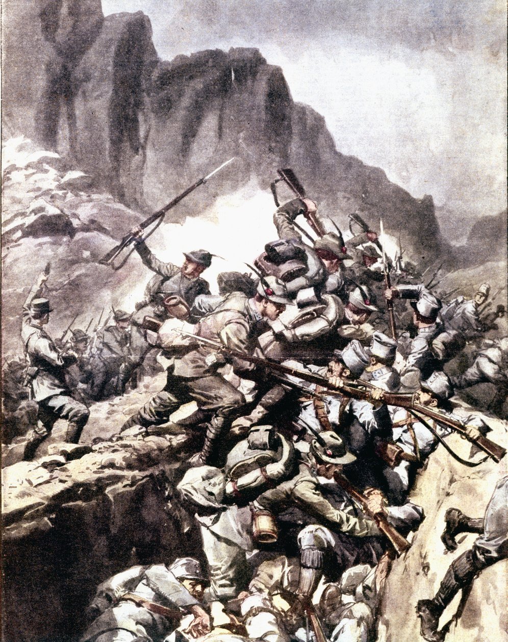 Birinci Dünya Savaşı: “” İtalyan dağ avcıları (alpino veya alpini) ile Avusturya-Macaristan ordusunun askerleri arasında Val d'Inferno, Piemont, İtalyan Alpleri'ndeki çatışmalar”” 1916 “La domenica del corriere”den çizim” by Anonymous Anonymous