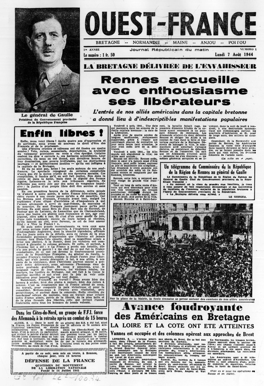Batı Fransa'nın 7 Ağustos 1944 tarihli ilk sayısı: Fransa'nın batısındaki La La La La Liberation ve General de Gaulle - fotoğraf, BN by Anonymous Anonymous