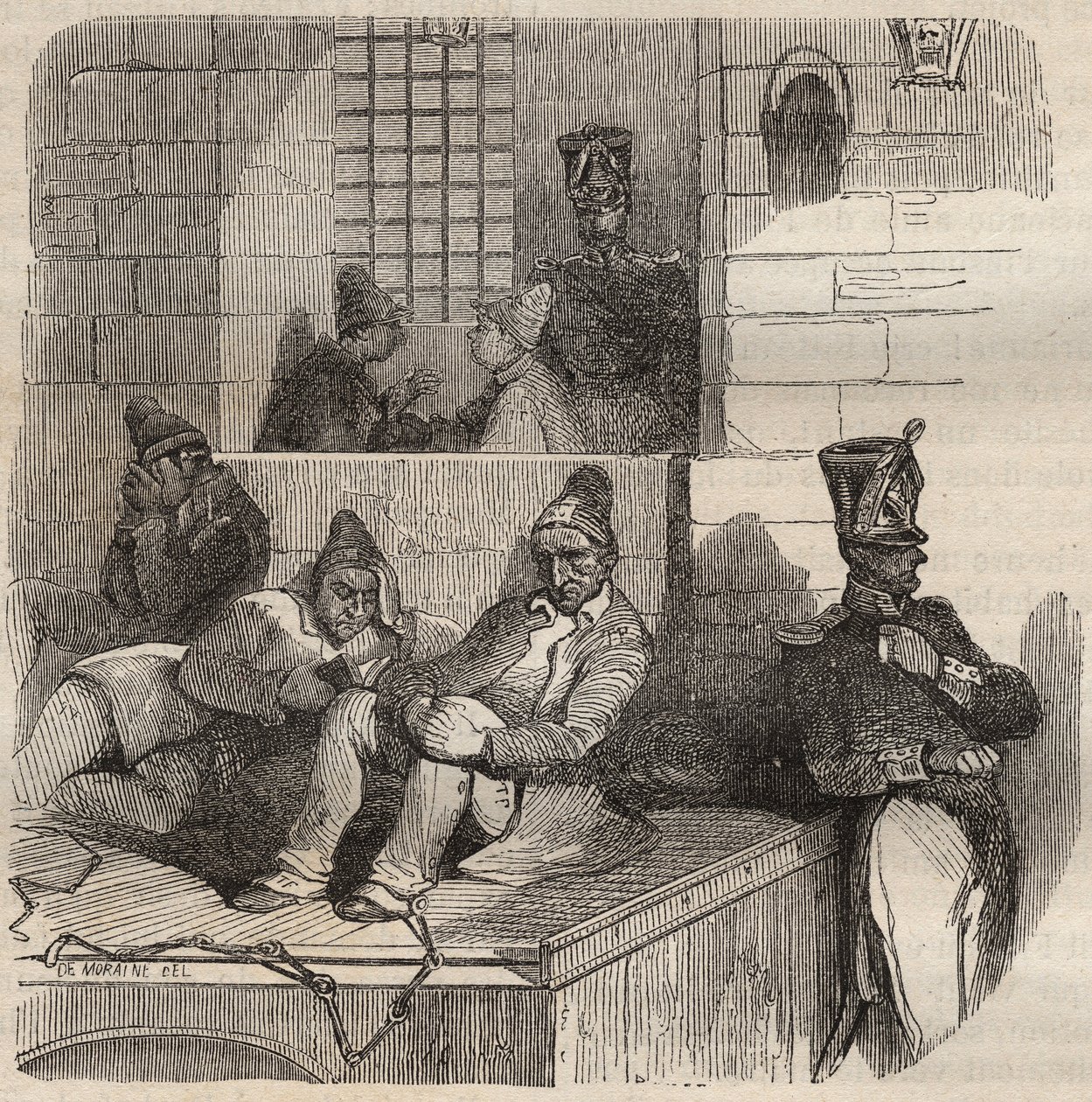 19. yüzyılda Rochefort hapishanesinde dinlenmeye zorlandı. Pierre Zaccone (1817-1895) (Colonia Penale - Ceza kolonisi) tarafından “Kuruluşlarından günümüze cezaevlerinin tarihi” (1877) adlı gravür by Anonymous Anonymous