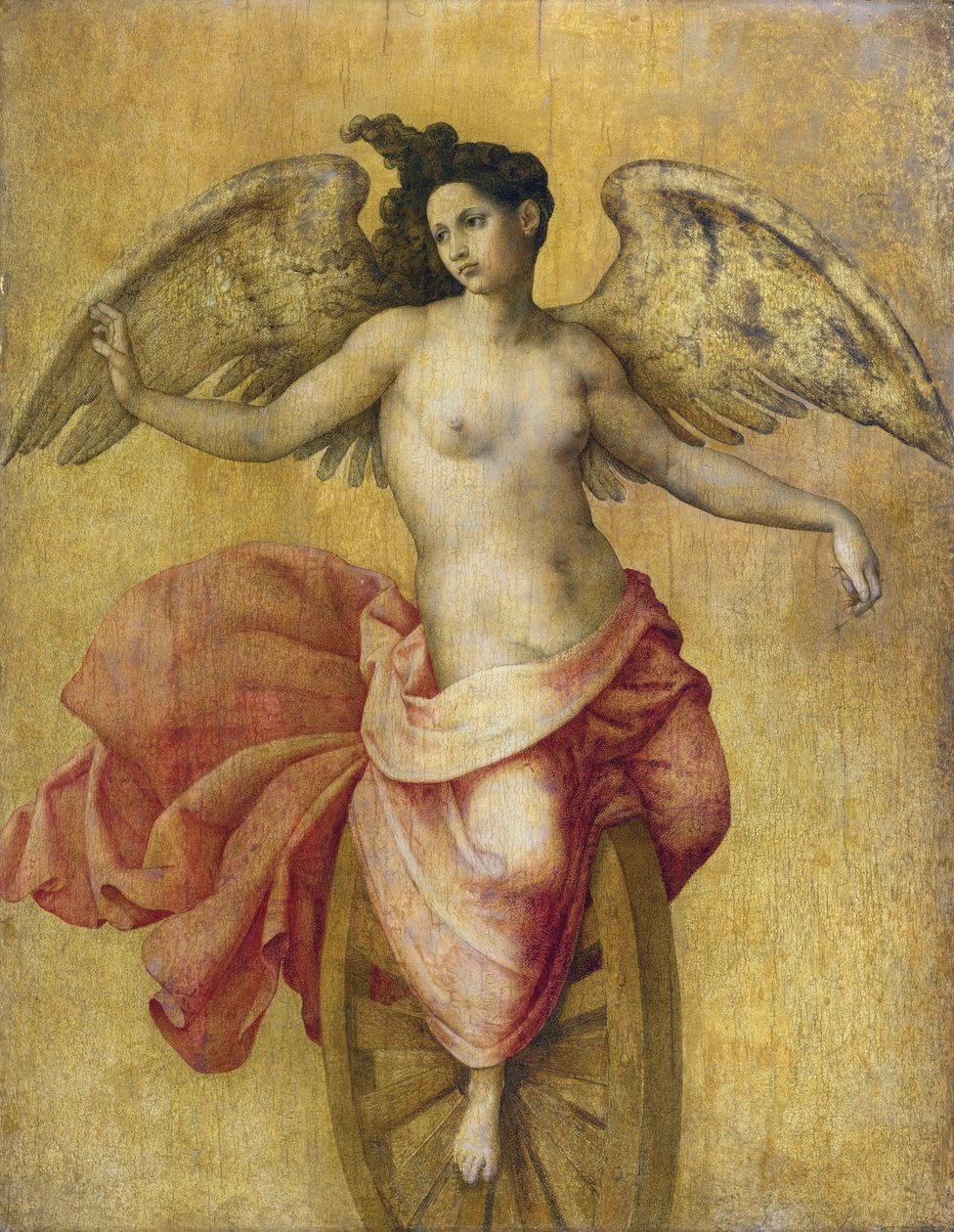 Fortune sur une roue - Bir tekerlek üzerinde Fortuna, Anonim. Ahşap üzeri yağlı boya, ebat : 78,7x61, c. 1550, Özel Koleksiyon by Anonymous Anonymous
