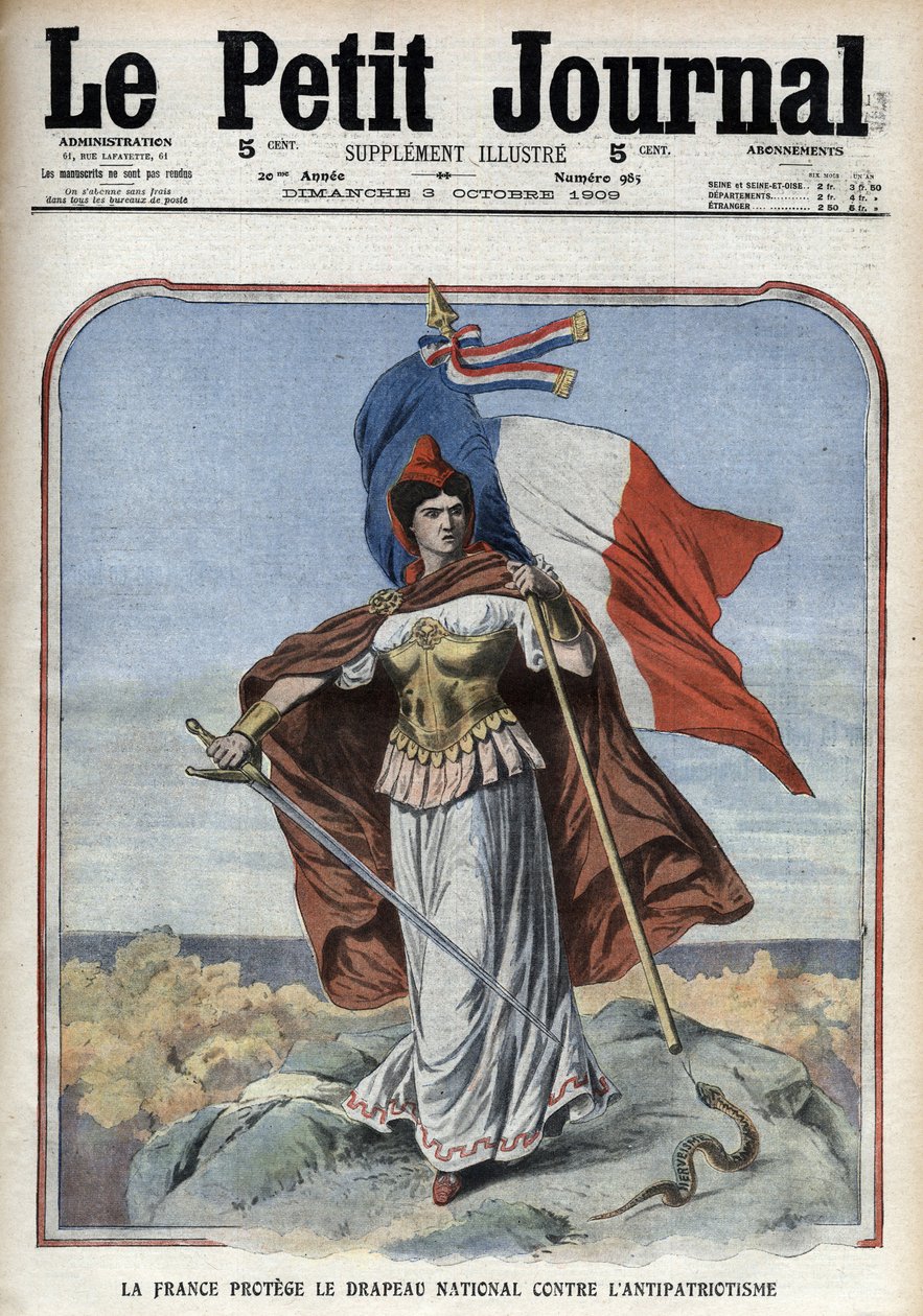 Fransa (Marianne), ulusal bayrağı vatanseverlik karşıtlığına karşı koruyor - Ekim 1909 tarihli “” Le Petit Journal” by Anonymous Anonymous
