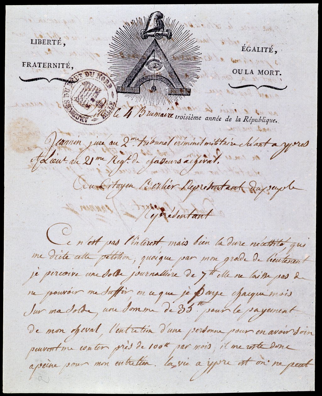 Fransız Devrimi: cumhuriyetçi yazıt “Liberte Egalite, Fraternite ou la Mort” ve sembolleri ile 18 Frimaire III (08/12/1794) tarihli bir askeri idari mektubun 4 sis yılı III (25/10/1794) ilk sayfası ve başlığı ve başlığı Franco-Maconnerie