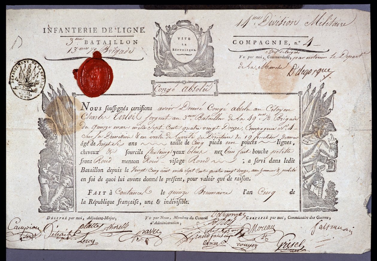 Fransız Devrimi: Coutances bölgesinden bir çavuşun 15 Brumaire V (05/11/1796) tarihli askeri kalabalık resmi belgesi. Nord Lille Bölüm Arşivleri by Anonymous Anonymous